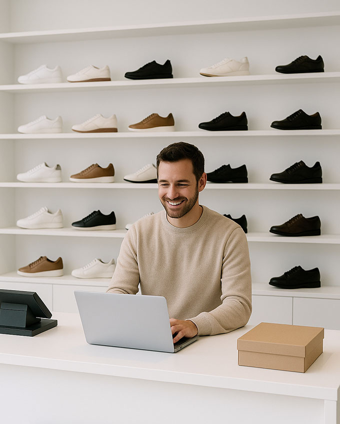 commerciante inserisce prodotti nel suo e-commerce e cura la seo locale