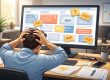 Uomo frustrato davanti al computer che esamina un sito web con molti errori
